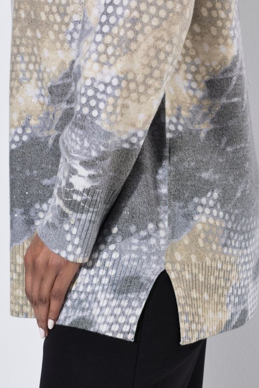 Micro-Sequined Abstract Print Long Sleeve Turtleneck Sweater