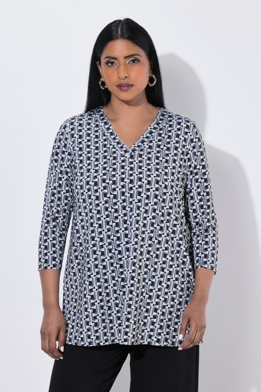Graphic Print Slinky Stretch Knit 3/4 Sleeve T-Shirt Blouse