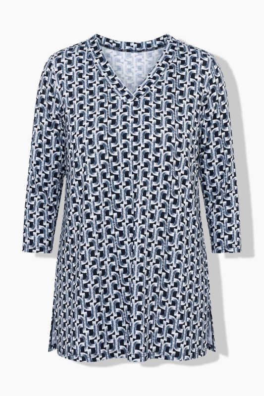 Graphic Print Slinky Stretch Knit 3/4 Sleeve T-Shirt Blouse
