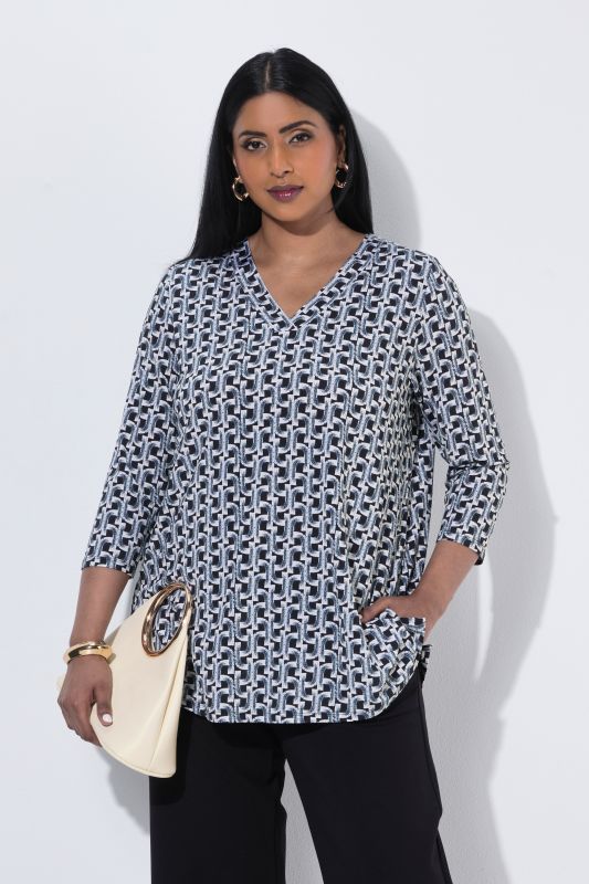 Graphic Print Slinky Stretch Knit 3/4 Sleeve T-Shirt Blouse