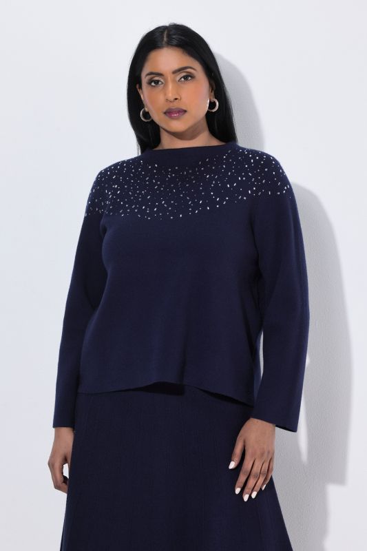 Rhinestoned Neckline Long Sleeve Milano Knit Sweater
