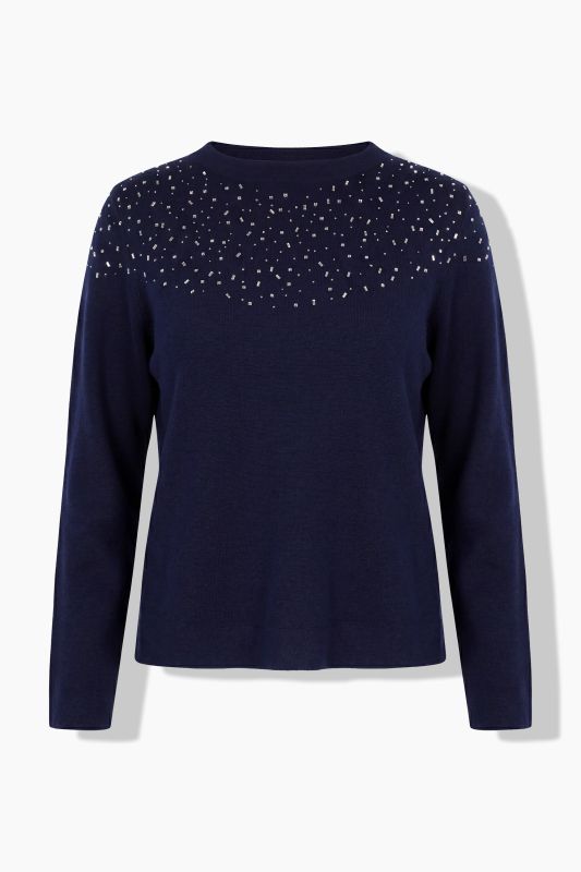 Rhinestoned Neckline Long Sleeve Milano Knit Sweater