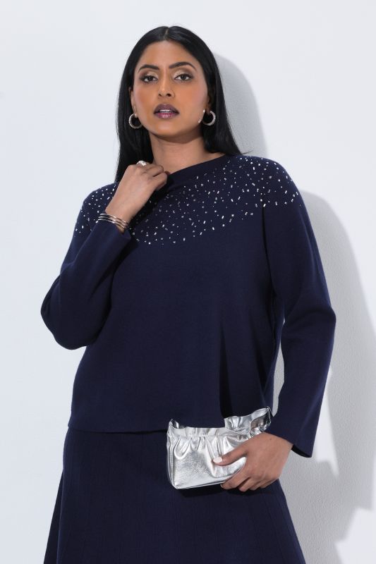 Rhinestoned Neckline Long Sleeve Milano Knit Sweater