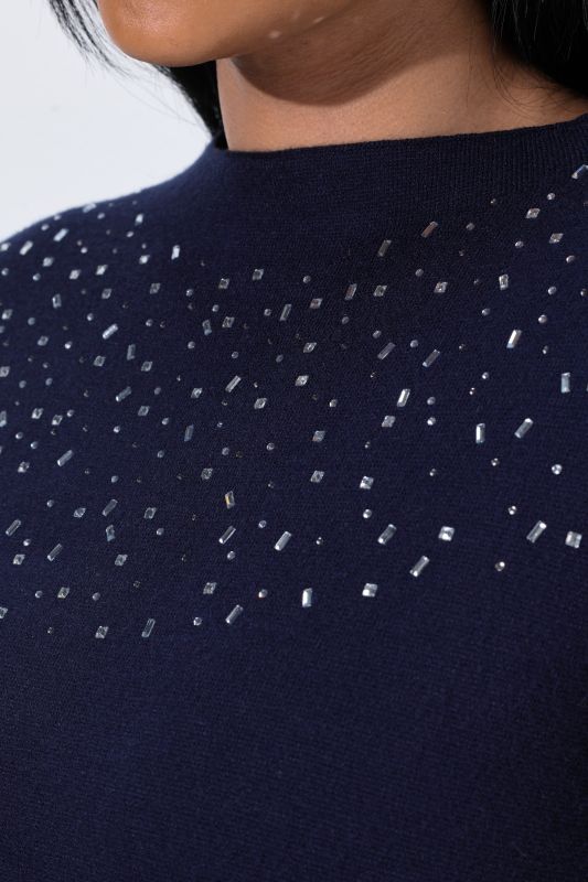 Rhinestoned Neckline Long Sleeve Milano Knit Sweater