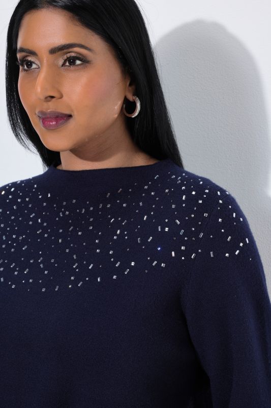 Rhinestoned Neckline Long Sleeve Milano Knit Sweater