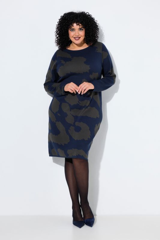 Leopard Print Long Sleeve Boat Neck Sweater Dress