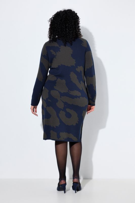 Leopard Print Long Sleeve Boat Neck Sweater Dress