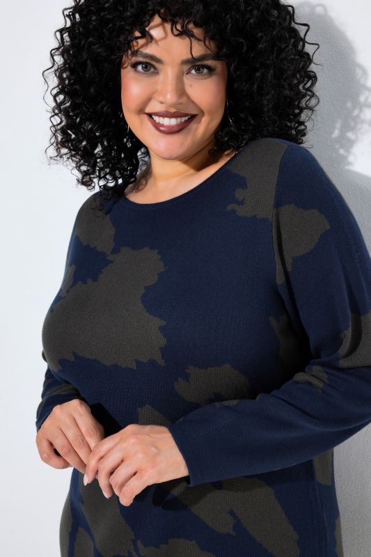 Leopard Print Long Sleeve Boat Neck Sweater Dress