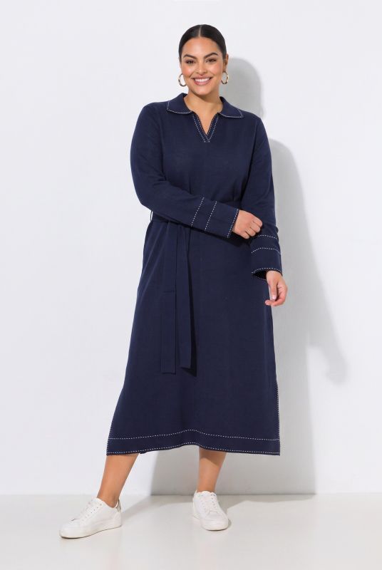 Contrast Stitching Collared Sweater Dress