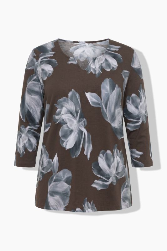 Flower Print 3/4 Sleeve Split Neck Tee