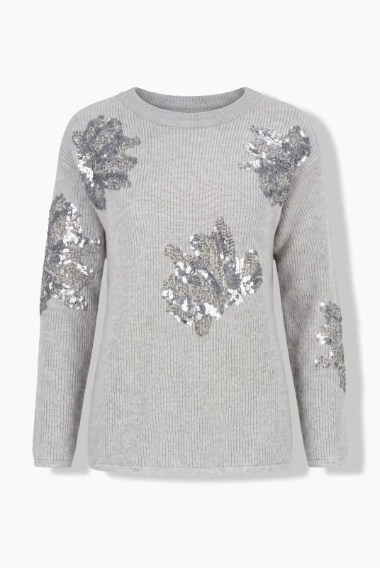 Sequined Floral Ribbed Knit Sweater