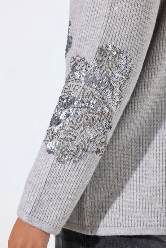 Sequined Floral Ribbed Knit Sweater