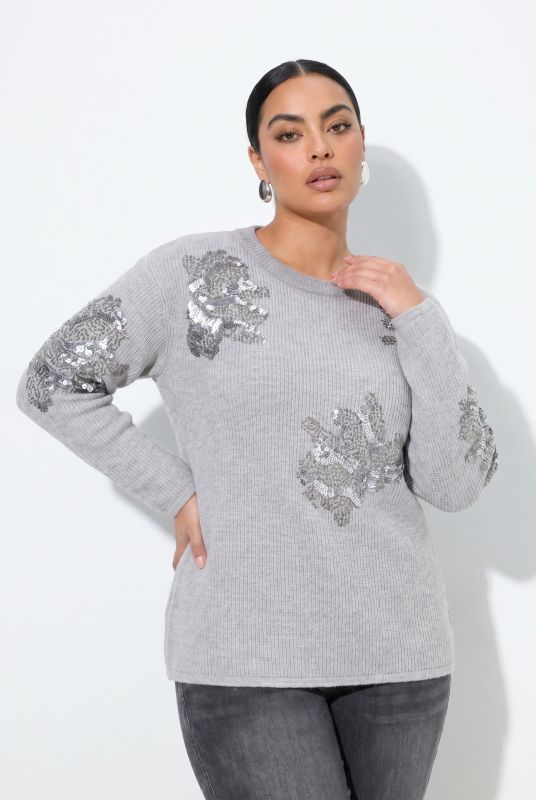 Sequined Floral Ribbed Knit Sweater