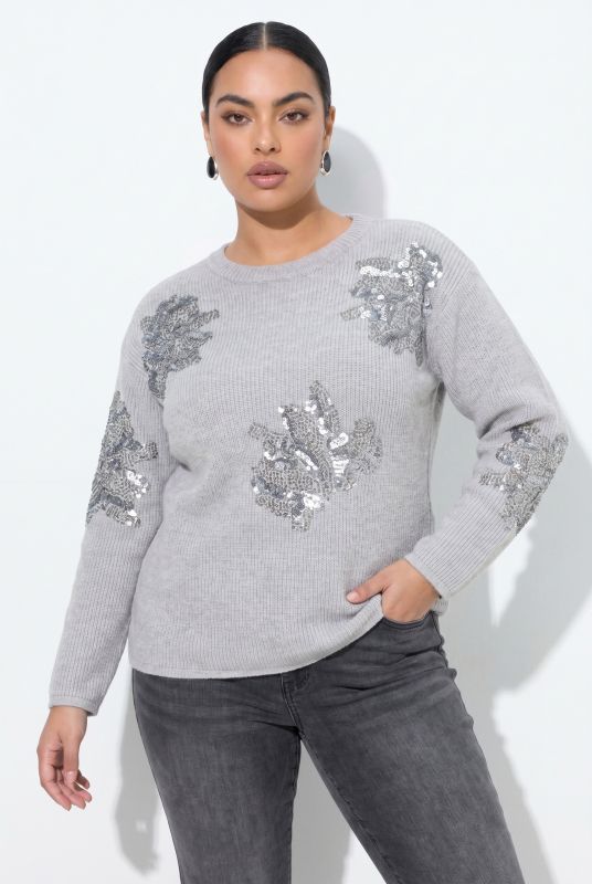 Sequined Floral Ribbed Knit Sweater