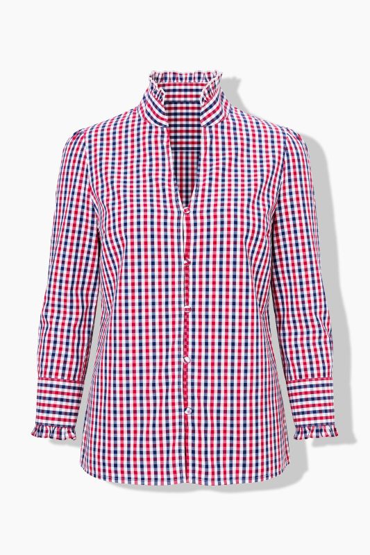Ruffled Collar Check Plaid Long Sleeve Button-Down Blouse