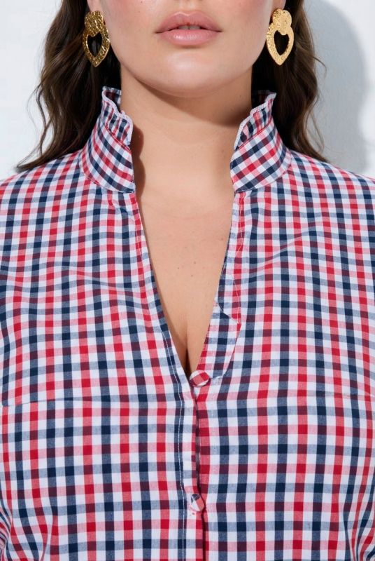 Ruffled Collar Check Plaid Long Sleeve Button-Down Blouse