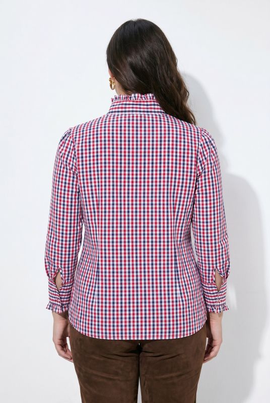 Ruffled Collar Check Plaid Long Sleeve Button-Down Blouse