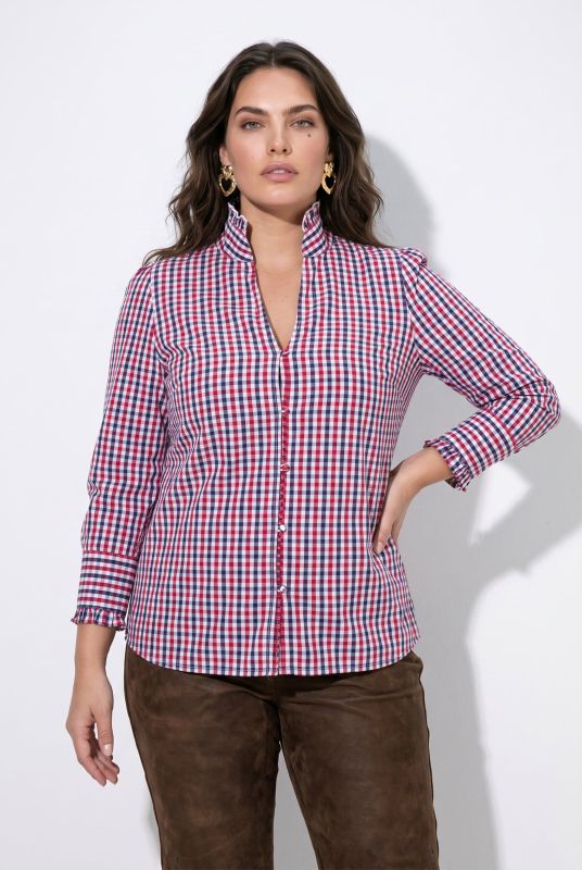 Ruffled Collar Check Plaid Long Sleeve Button-Down Blouse