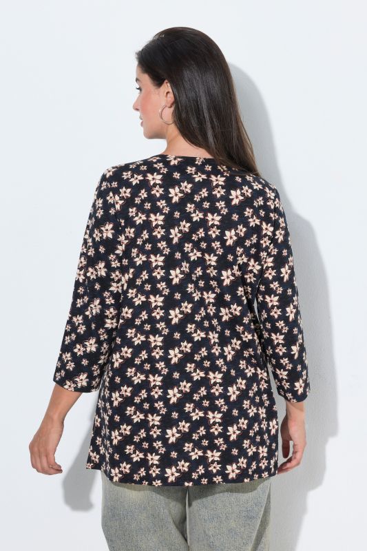 Pleated Neckline 3/4 Sleeve Floral Tee