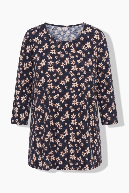 Pleated Neckline 3/4 Sleeve Floral Tee