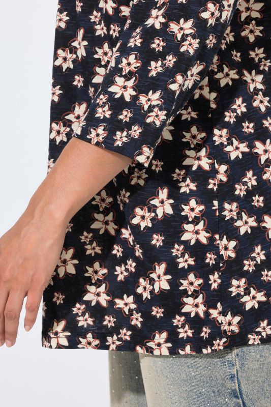 Pleated Neckline 3/4 Sleeve Floral Tee