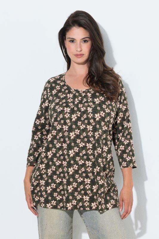 Pleated Neckline 3/4 Sleeve Floral Tee