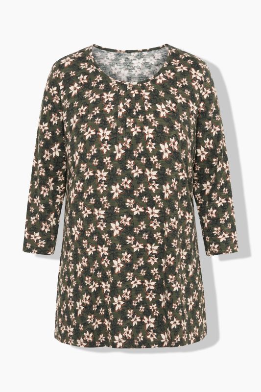 Pleated Neckline 3/4 Sleeve Floral Tee