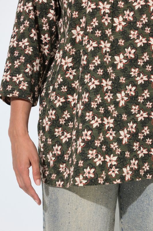 Pleated Neckline 3/4 Sleeve Floral Tee
