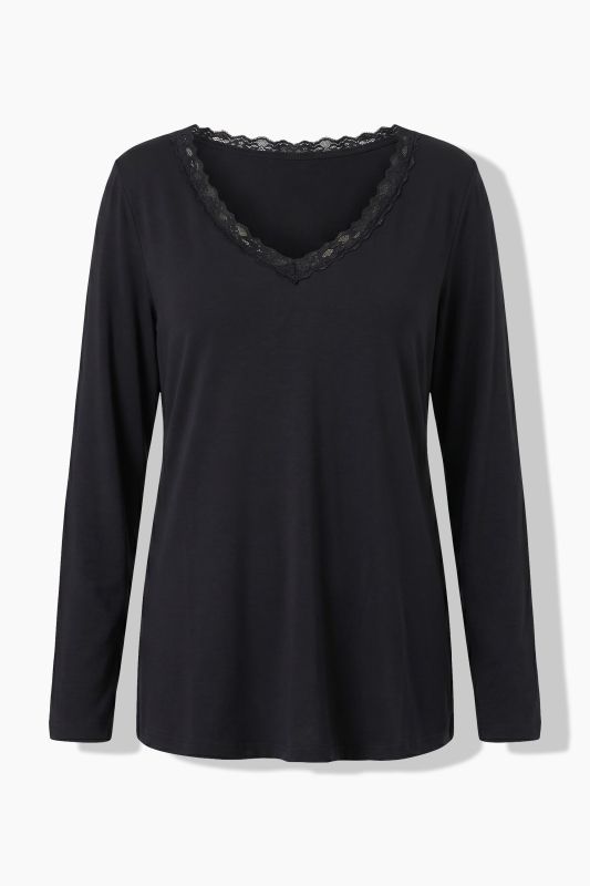Lace Trim Long Sleeve V-Neck Tee