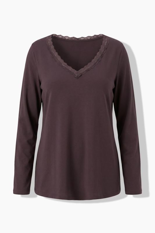 Lace Trim Long Sleeve V-Neck Tee