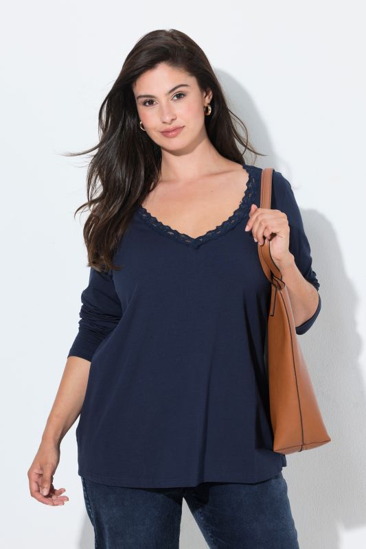 Lace Trim Long Sleeve V-Neck Tee
