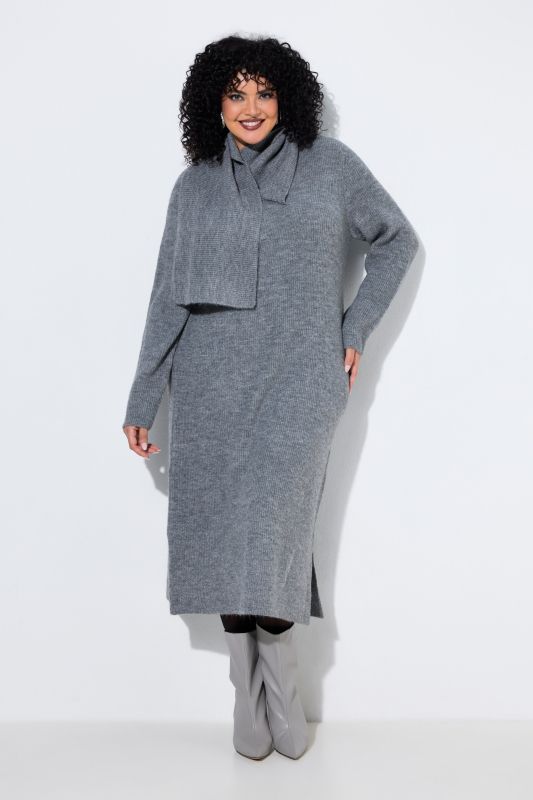 Attached Scarf Long Sleeve Sweater Dress