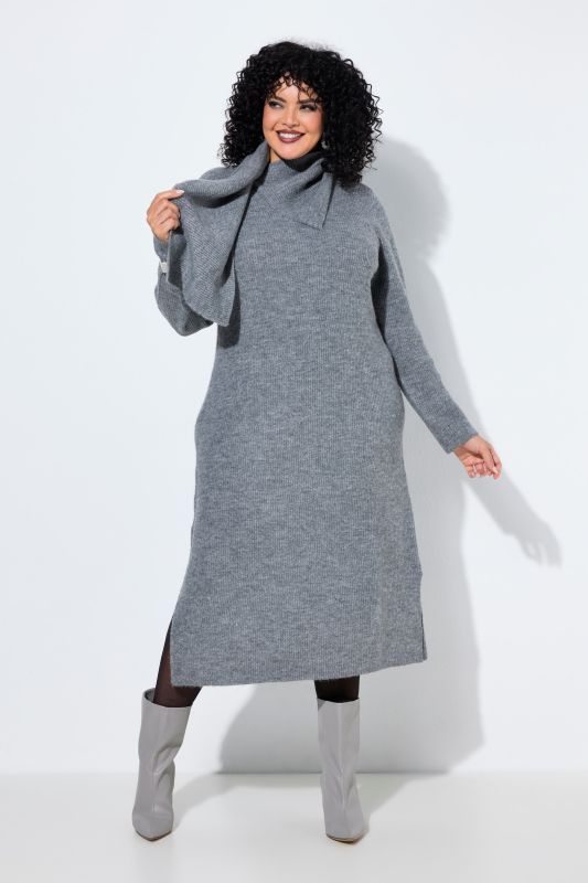 Attached Scarf Long Sleeve Sweater Dress
