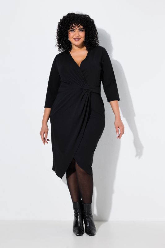 Pointed Hem 3/4 Sleeve Wrap Look Dress