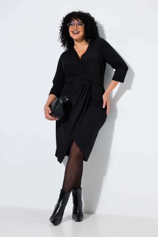 Pointed Hem 3/4 Sleeve Wrap Look Dress