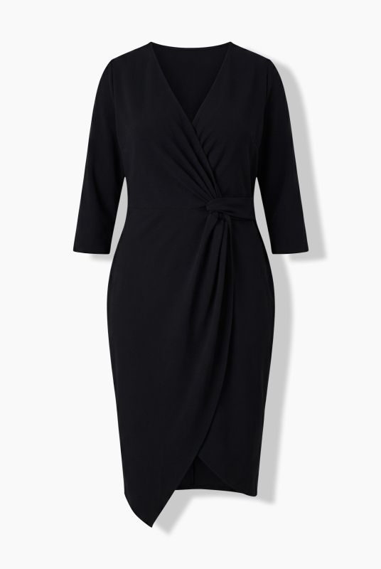 Pointed Hem 3/4 Sleeve Wrap Look Dress