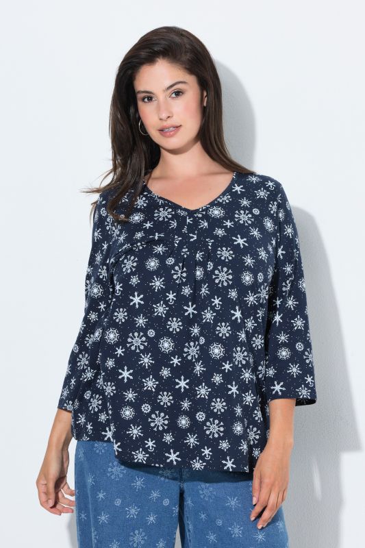 Snowflake Print Pleated Neckline Tee