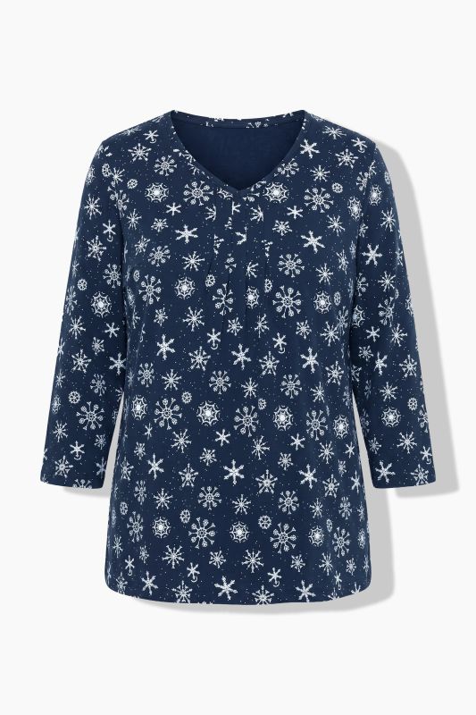 Snowflake Print Pleated Neckline Tee