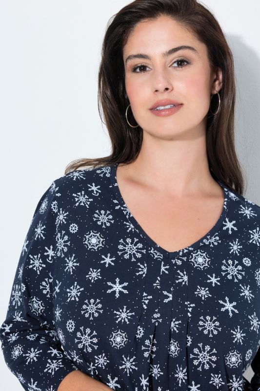 Snowflake Print Pleated Neckline Tee