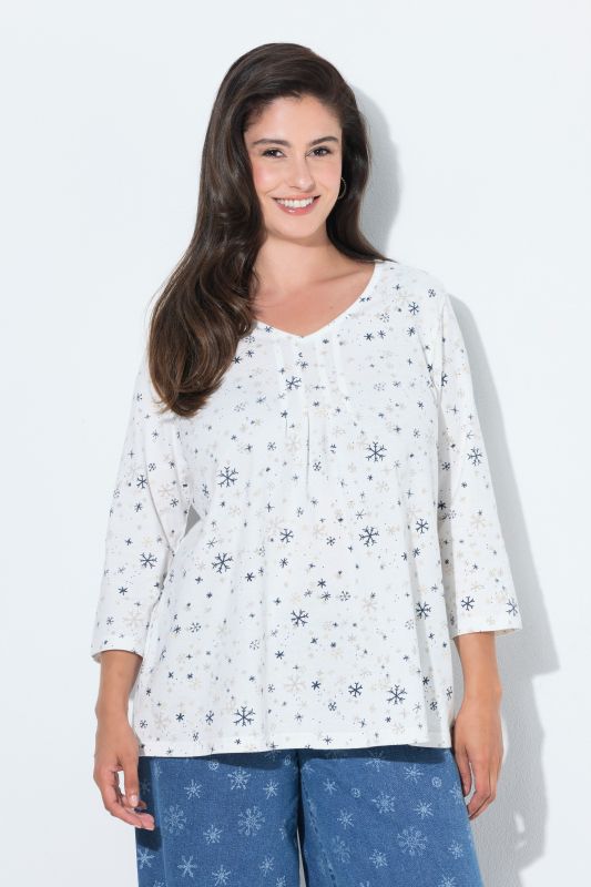 Snowflake Print Pleated Neckline Tee
