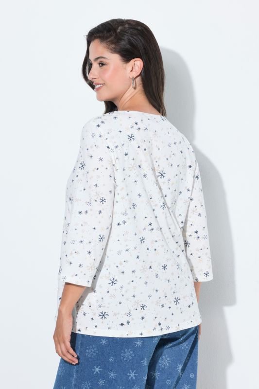 Snowflake Print Pleated Neckline Tee