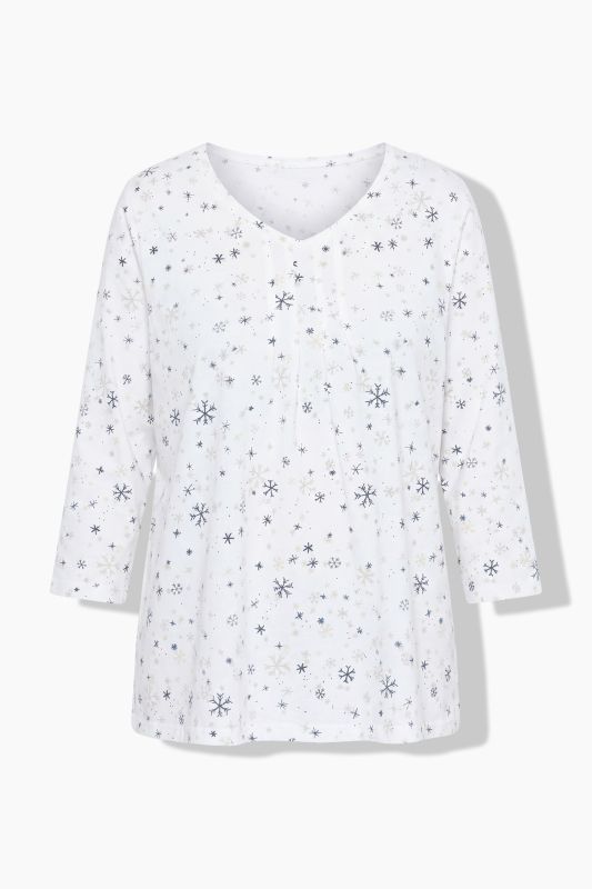 Snowflake Print Pleated Neckline Tee