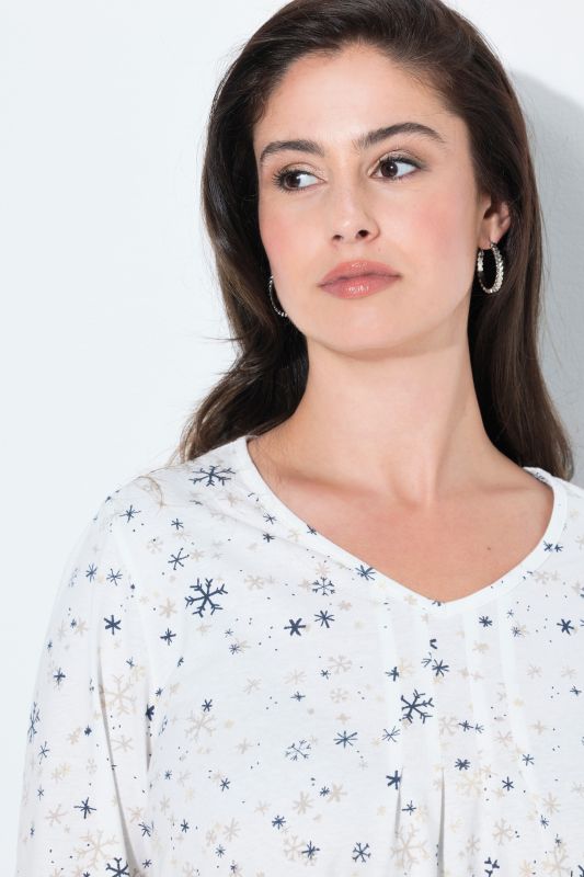Snowflake Print Pleated Neckline Tee
