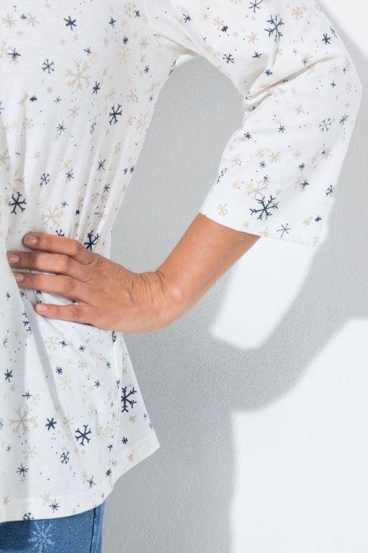 Snowflake Print Pleated Neckline Tee