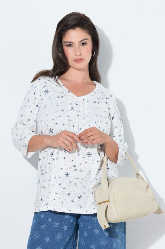 Snowflake Print Pleated Neckline Tee