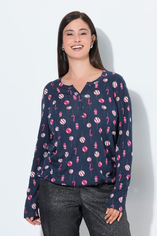 Christmas Ornament Print Long Sleeve Split Neck Tee