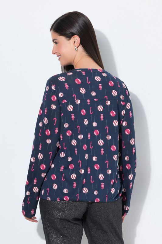 Christmas Ornament Print Long Sleeve Split Neck Tee