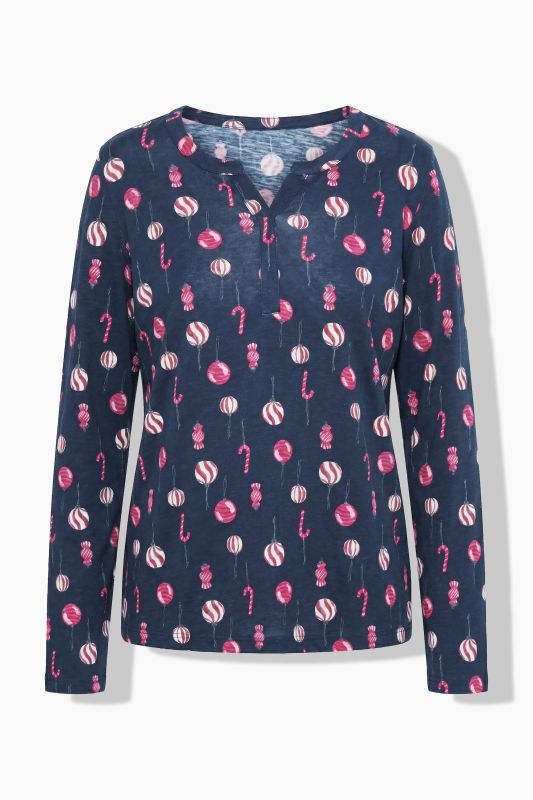Christmas Ornament Print Long Sleeve Split Neck Tee