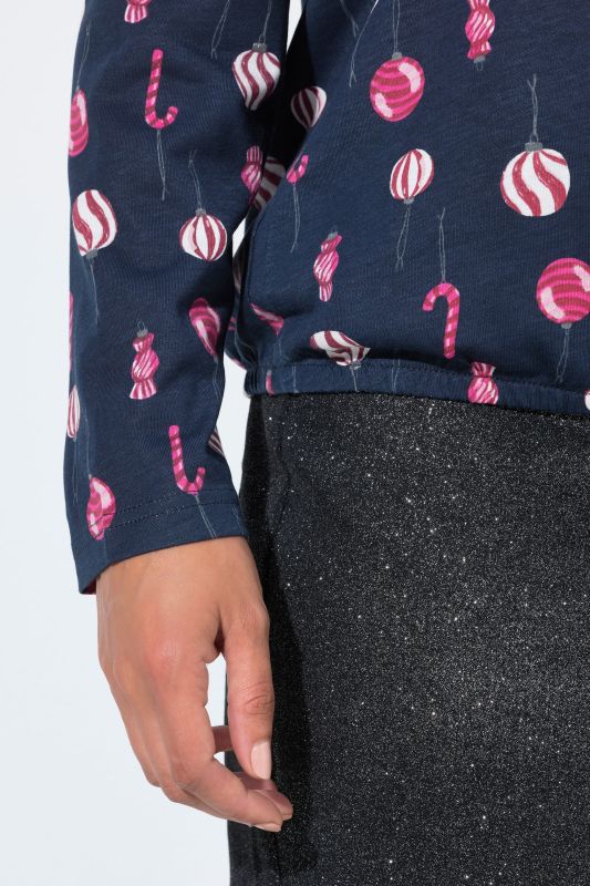 Christmas Ornament Print Long Sleeve Split Neck Tee