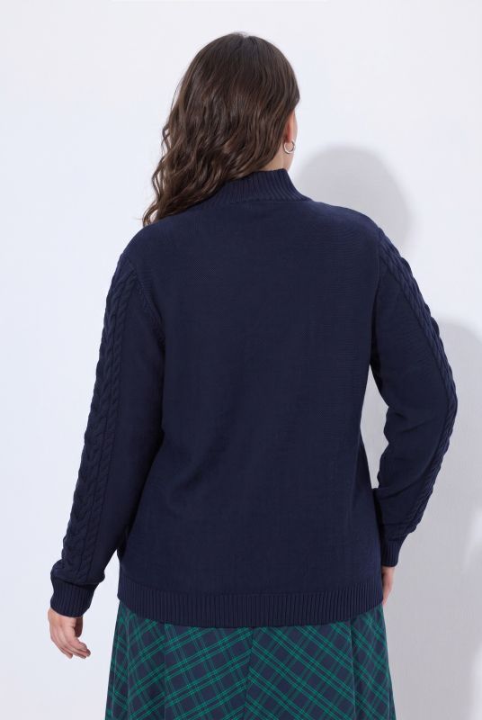 Cable Knit Mock Neck Zip-Up Cardigan